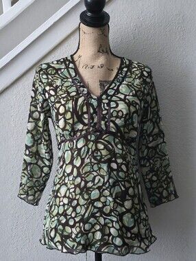 Vintage Notations Green Brown Abstract Mesh Top Fairycore Whimsigoth Small